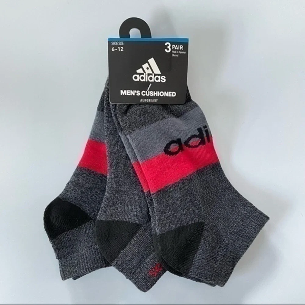Adidas men’s low cut socks 3 pack size 6-12 gray black red